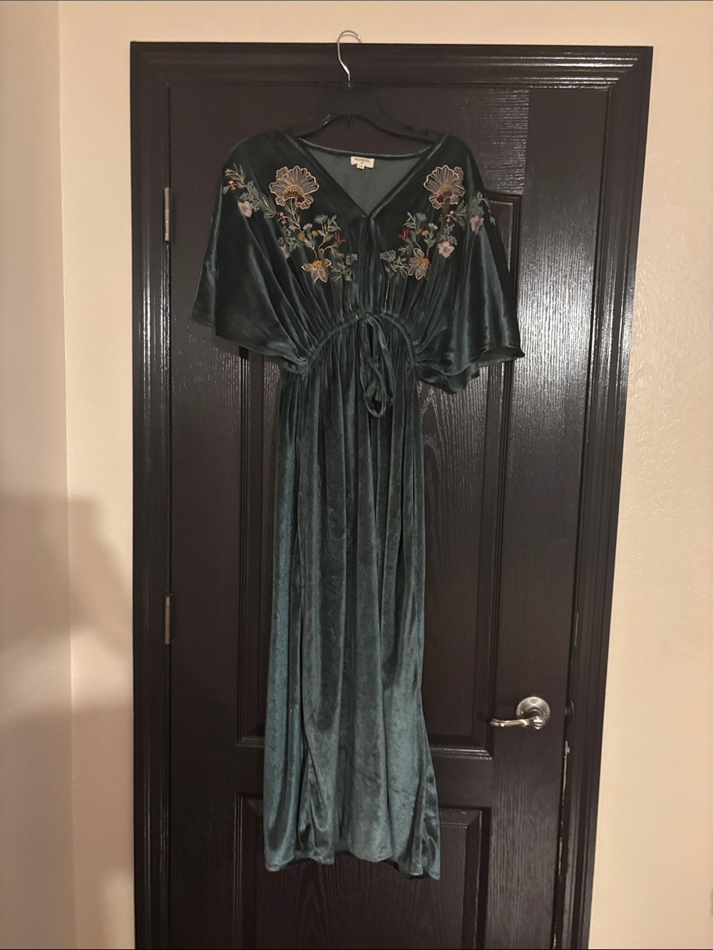 Women's Deep Teal Velvet Embroidered Maxi Sleep Gown